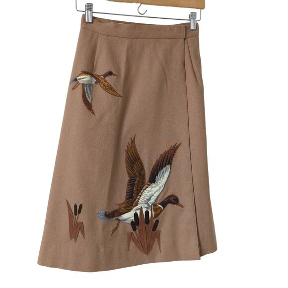 VTG Knee Length Skirt 6 Ducks Hunting Birds Mallard Brown Midi Princess Diana - Picture 7 of 11